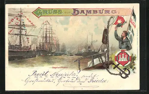 Lithographie Hamburg, Segelschiffhafen, Matrose winkt mit seiner Mütze, Stadtwappen