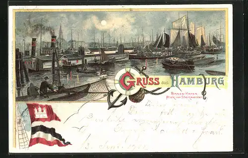 Mondschein-Lithographie Hamburg, Binnen-Hafen, Blick von Steinwerder, Stadtwappen