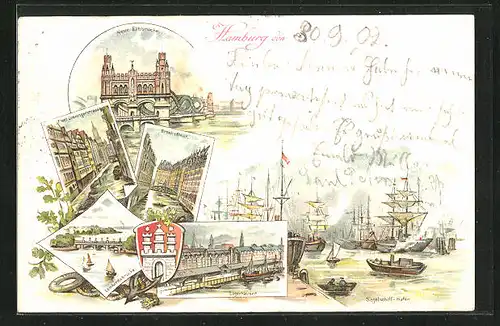 Lithographie Hamburg, Brooksfleet, Neue Elbbrücke, Segelschiff-Hafen