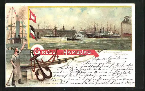 Lithographie Hamburg, Reiherstiegswerft, Steinwerder, Hafen
