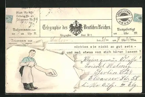 AK Telegraphie des Deutschen Reiches, Mann mit riesiger Hand, Postgeschichte