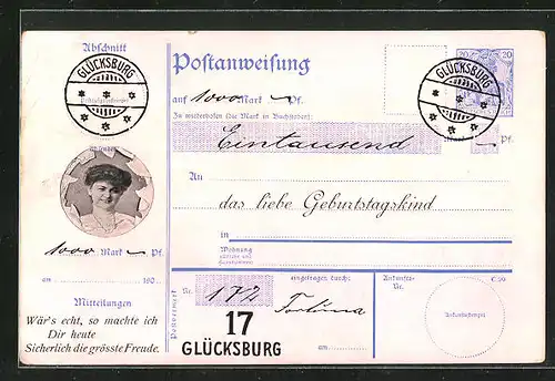 AK Glücksburg, Postanweisung auf 1000 Mark an das liebe Geburtstagskind, Postgeschichte