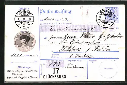 AK Glücksburg, Postanweisung auf 1000 Mark an das liebe Geburtstagskind, Postgeschichte