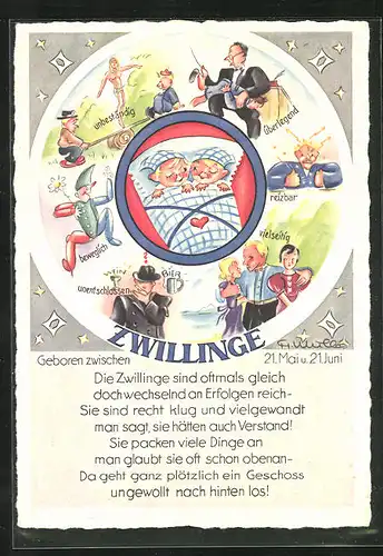 AK Sternzeichen Zwillinge, Beweglich, Vielseitig, Reizbar