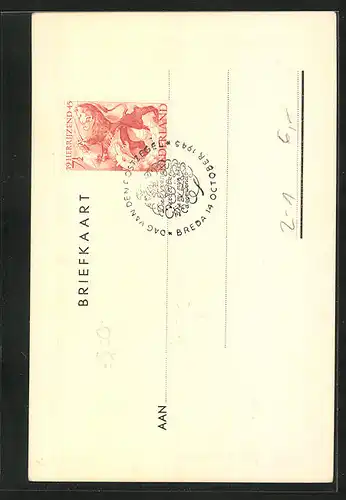 Künstler-AK Breda, Dag van den Postzegel 1945, Postzegelvereenigung Breda, Gebäudeansicht