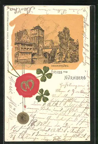 Lithographie Nürnberg, Blick auf den Henkersteg, Wappen