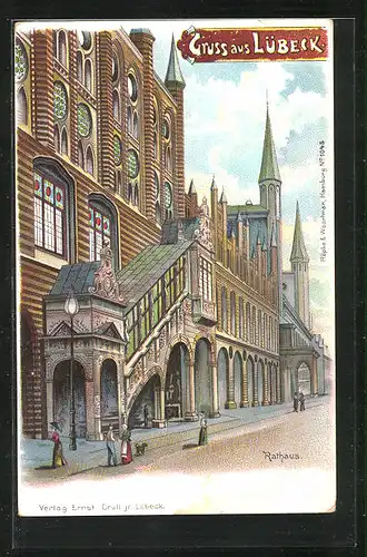 Lithographie Lübeck, Blick auf das Rathaus