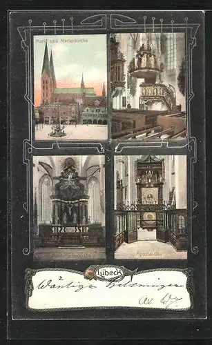 AK Lübeck, Markt und Marienkirche mit Innenansicht
