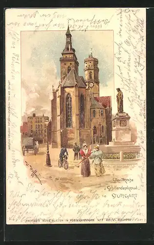 Lithographie Stuttgart, Stadtkirche und Schillerdenkmal