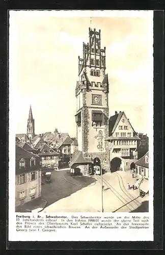 AK Freiburg, Blick auf das Schwabentor, Strassenbahn