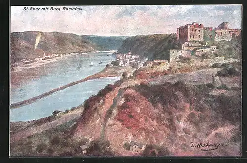 Künstler-AK St. Goar, Burgruine Rheinfels am Fluss