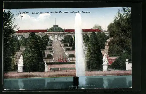 AK Potsdam, Schloss SSanssouci mit den Terrassen und grosser Fontaine