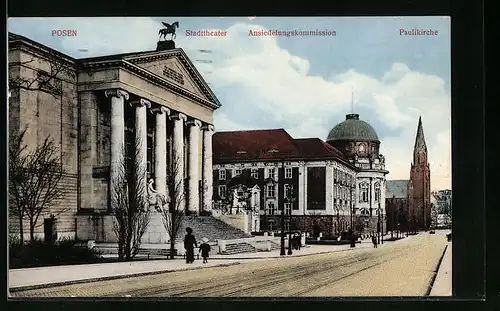 AK Posen / Poznan, Stadttheater, Ansiedlungskommission u. Paulikirche