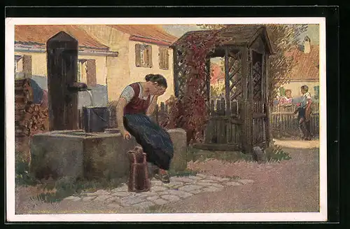 Künstler-AK Paul Hey: Volksliederkarte Nr. 34: Jetzt geh i ans Brünnele