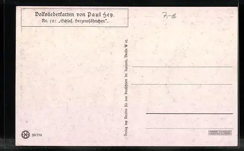 Künstler-AK Paul Hey: Volksliederkarte Nr. 50: Schlaf, Herzenssöhnchen