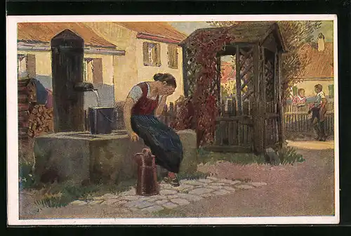 Künstler-AK Paul Hey: Volksliederkarte Nr. 34: Jetzt geh i ans Brünnele