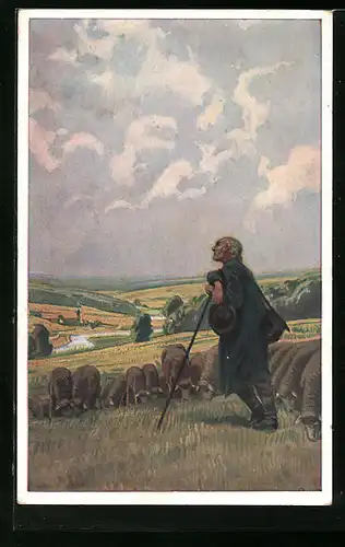 Künstler-AK Paul Hey: Volksliederkarte Nr. 36: Dies ist der Tag des Herrn, Hirte mit Schafen