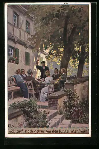 Künstler-AK Paul Hey: Volksliederkarte Nr. 70: Wohlauf! noch getrunken, Heitere Gesellschaft am Tisch