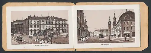 Leporello-Album Chemnitz, mit 13 Lithographie-Ansichten, Zentral-Bahnhof, Hauptmarkt mit Klosterstrasse, Börse