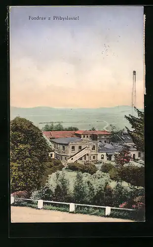 AK Pribyslavice, Teilansicht mit Fabrik