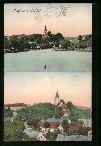 AK Okrisky, Teilansicht vom See aus, Blick zur Kirche