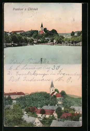 AK Okrisky, Teilansicht vom See aus, Blick zur Kirche