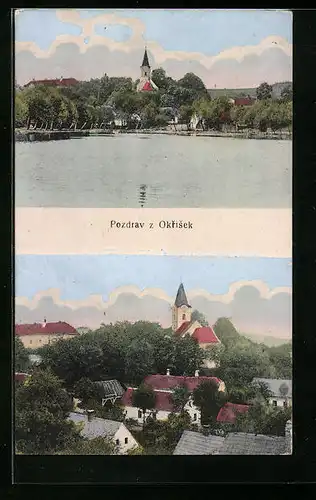 AK Okrisky, Teilansicht vom See aus, Wohnhäuser und Kirche