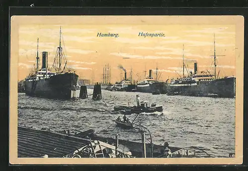 AK Hamburg, Hafenpartie in goldener Abendstunde