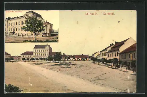 AK Konitz /Konice, Gerichtsgebäude und Hauptplatz, Soudni budova a Námesti