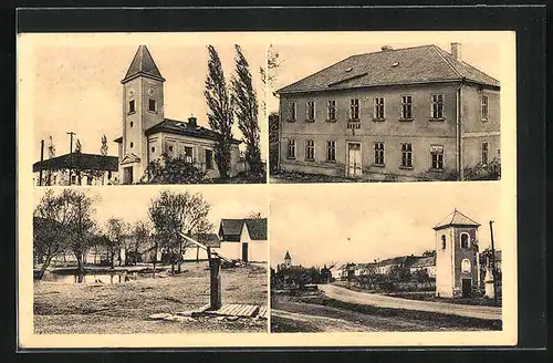 AK Buková u Boskovic, Skola, Kostel, Dorfweiher, Strassenpartie
