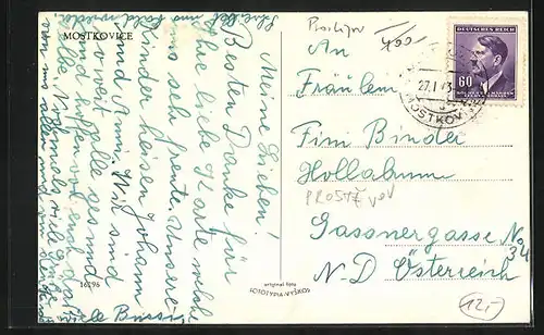 AK Mostkovice, Strassenpartie im Sonnenschein, Hostinec