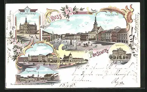 Lithographie Prossnitz, Zerotin-Platz, Handelsschule, Barmherzigen Kloster