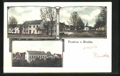 AK Hruska, Námesti, Marktplatz mit Kirche, Gebäude