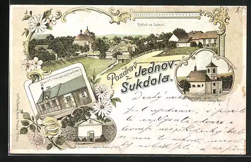 Lithographie Jednov-Sukdola, Obchod Fr. Kliceack postovni urad, Poutni chrám vodicky Bozi