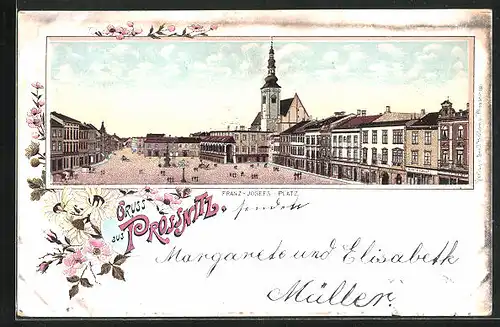 Lithographie Prossnitz, Franz Josefs-Platz mit Kirche und Geschäften