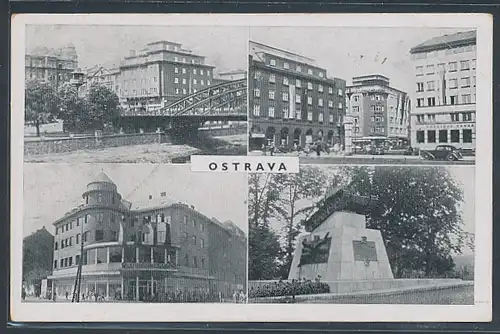 AK Ostrava, Denkmal, Ortspartie mit Brücke, Gebäudeansicht