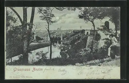 Mondschein-AK Znaim a. d. Thaya, Panorama mit Eisenbahnbrücke