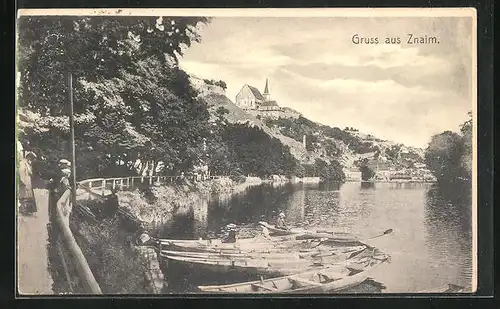 AK Znaim a. d. Thaya, Uferpromenade gegen Kirche