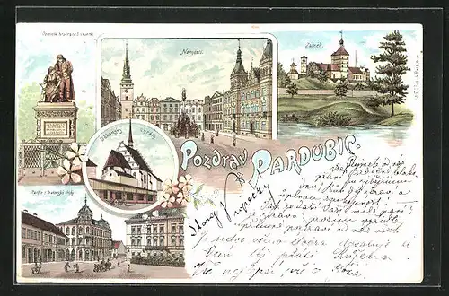 Lithographie Pardubice, Namesti, Zamek, Pomnik bratrancu Veverku