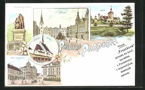 Lithographie Pardubice, Namesti, Zamek, Pomnik bratrancu Veverku