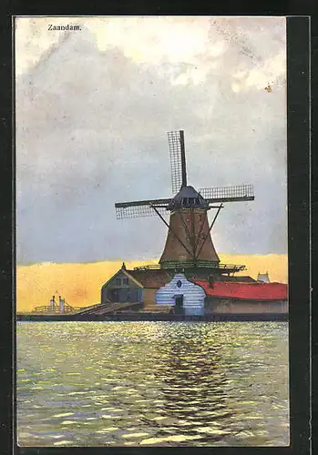 Künstler-AK Photochromie Nr. 2961: Zaandam, Windmühle am Wasser