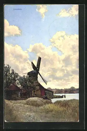 Künstler-AK Photochromie Nr.: Zaandam, Windmühle am Ufer