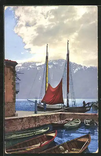 Künstler-AK Photochromie Nr. 1843: Bootsanleger gegen Bergmassiv