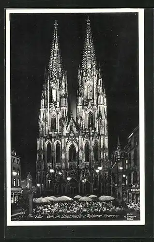 AK Köln am Rhein, Dom im Schweinwerfer und Reichard Terrasse