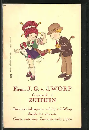 AK Schneiderin und charmanter Gentleman, Reklame für die Firma J.G. v.d. Worp in Zutphen