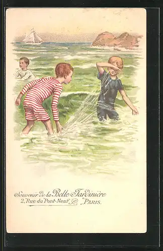 Lithographie Belle Jardiniére, 2, Rue de Pont-Neuf, Paris, Spielende Kinder am Strand, Reklame