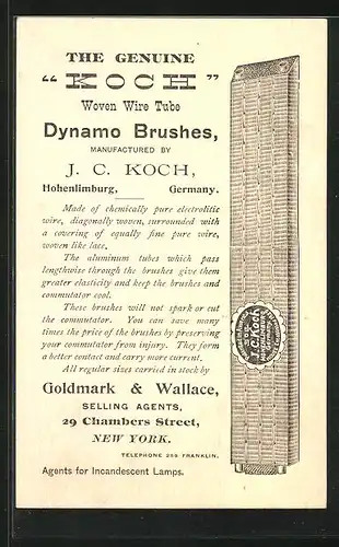 AK The Genuine Koch Woven Wire Tube Dynamo Brushes, Reklame für Goldmark & Wallace