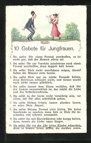 AK 10 Gebote für Jungfrauen, frauenfeindlicher Humor