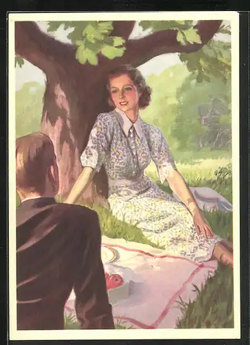 AK Herr und Dame sitzen unter einem Baum, Reklame für Indanthren