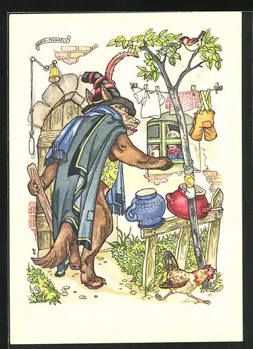 AK Der Wolf und die sieben Geisslein, Der Wolf mit der schwarzen Pfote, Märchen, Reklame für Indanthren